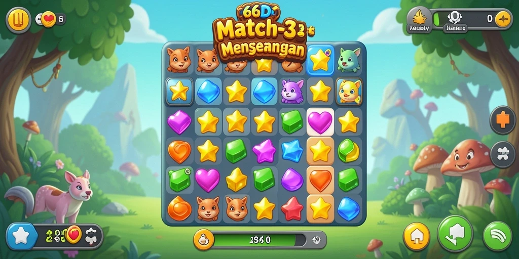 Tampilan seru gameplay Match-3 di 66D dengan efek visual menawan.