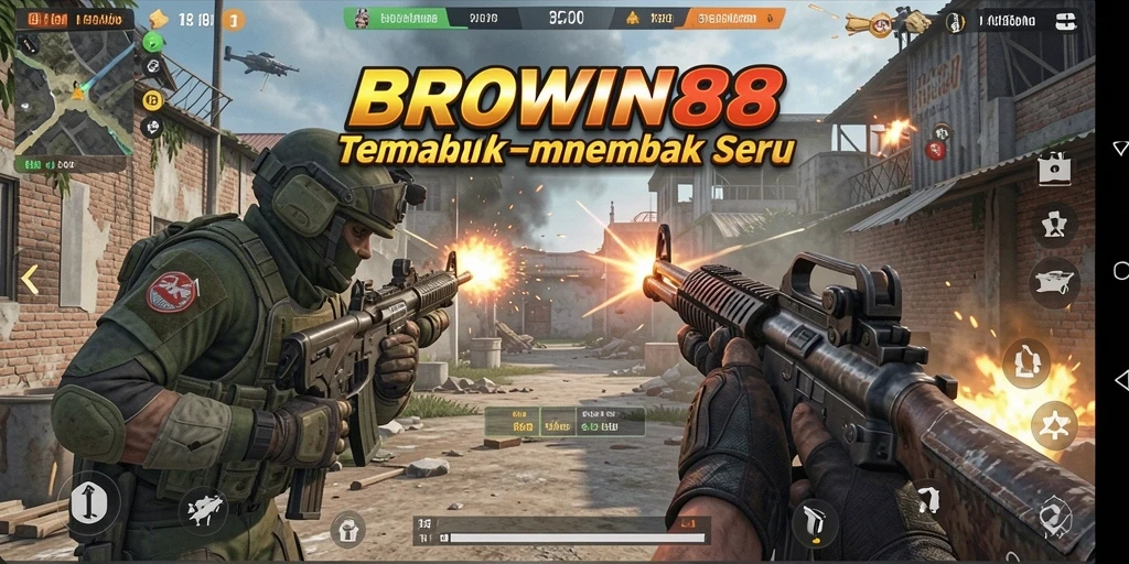 Screenshot utama BROWIN88 menunjukkan aksi tembak-menembak yang intens.