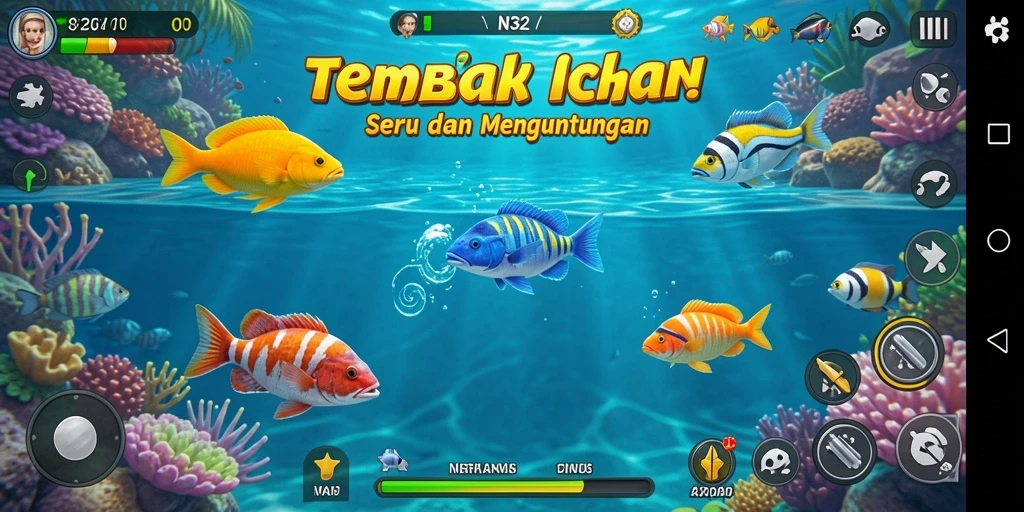 Tampilan gameplay Tembak Ikan N32 yang menarik dan penuh warna.